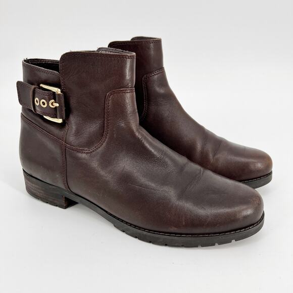 Rockport Tristina Buckled Chelea Boots Womens 10 Brown Leather Gold Buckle Ankle - Picture 1 of 11
